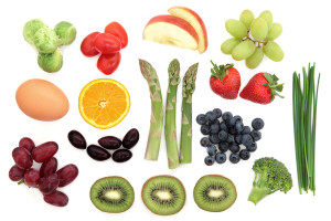 Healthy superfood selection of fresh fruit, vegetables and dairy